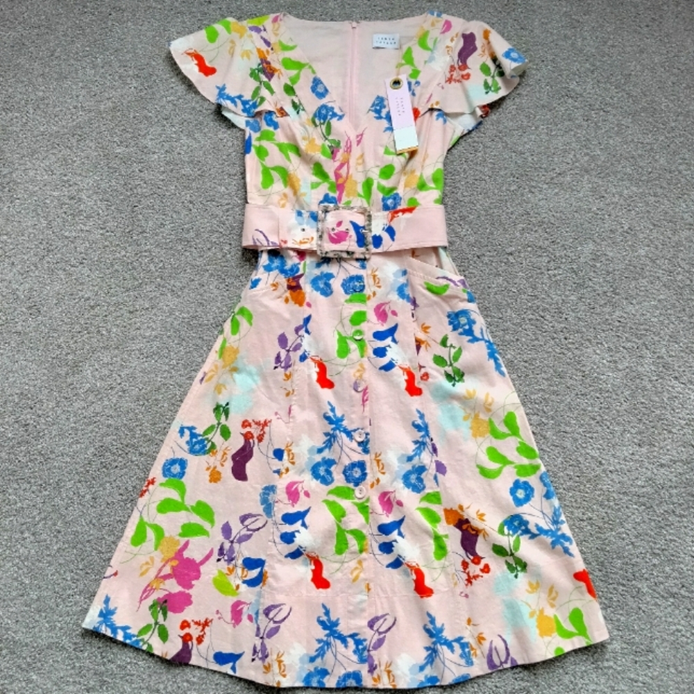NWT 2 Tanya Taylor Jan Peach Floral V-neck Midi Linen Dress NEW